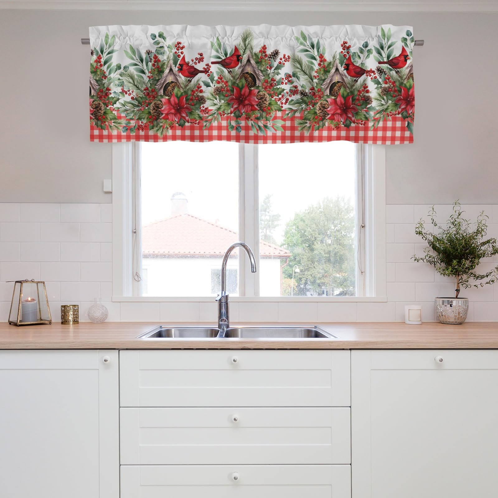 Curtains Valance,Christmas Red Bird Short Curtains Valance for Window,Blackout Valance Curtains,Rod Pocket Valance Window,Christmas Holiday Decor Window for Kitchen Bathroom Living Room Bedroom