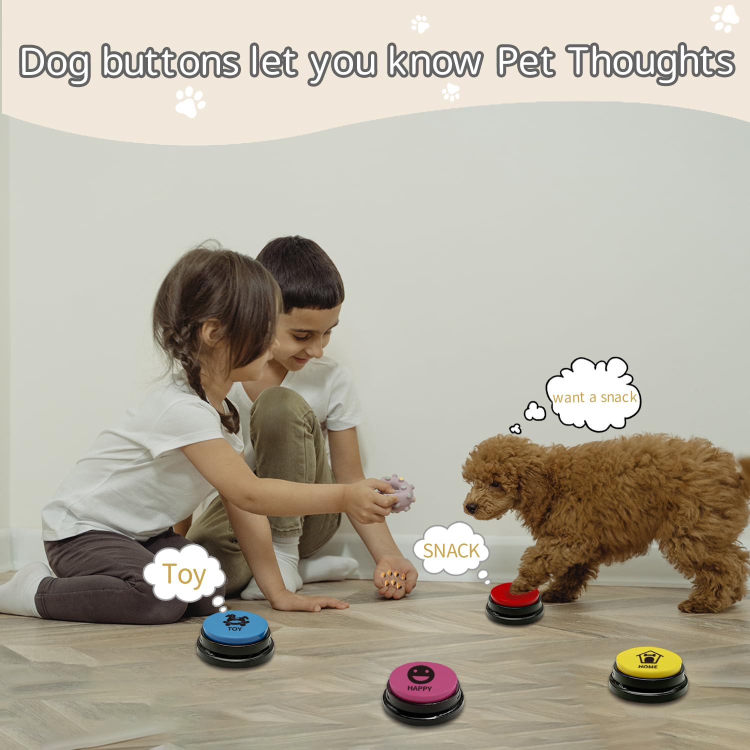 Botones de entrenamiento para mascotas para comunicación, 8 botones de grabación de voz de color con 50 calcomanías de escena y zumbador grabable de 30 segundos, botones de conversación de