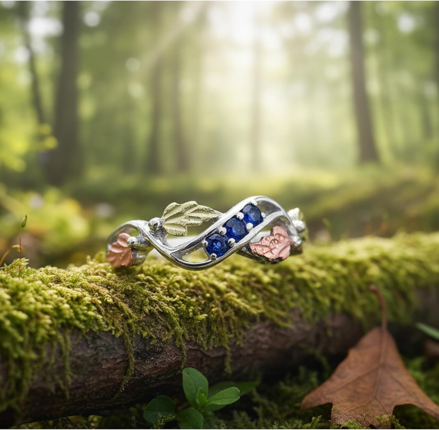 Black Hills Gold Sterling Silver Sapphire Ring for Women – Rhodium-Plated Hypoallergenic Band with 12k Rose & Green Gold Grape Leaves, 3 Blue Sapphires, Elegant Vine Design