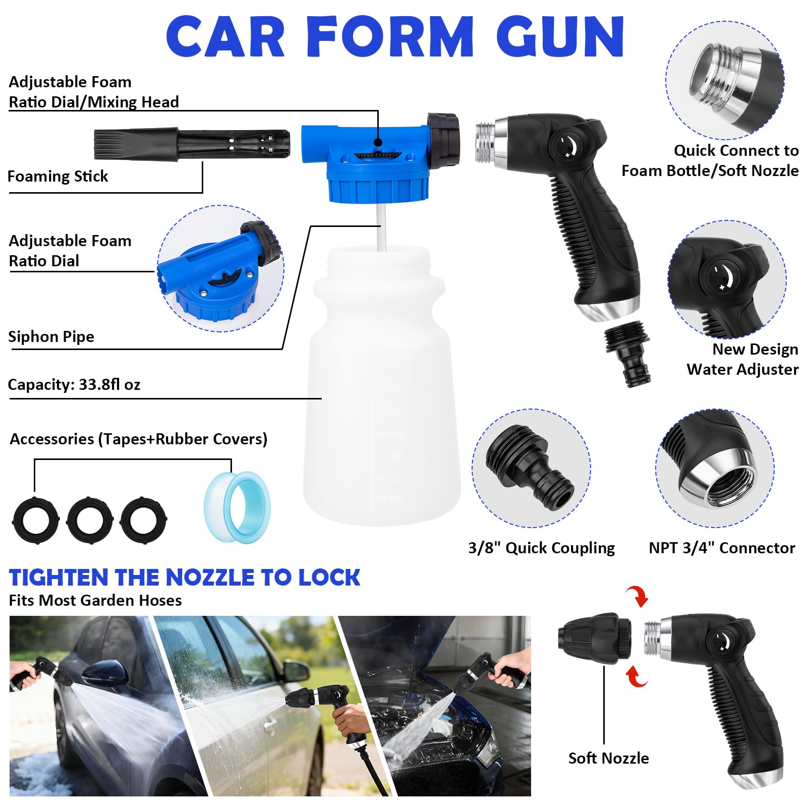 Kit de Nettoyage de Voiture avec Pistolet à Mousse, Brosse de Lavage de Voiture et Grand Gant de Lavage pour Nettoyage intérieur et extérieur de Voiture (Bleu)