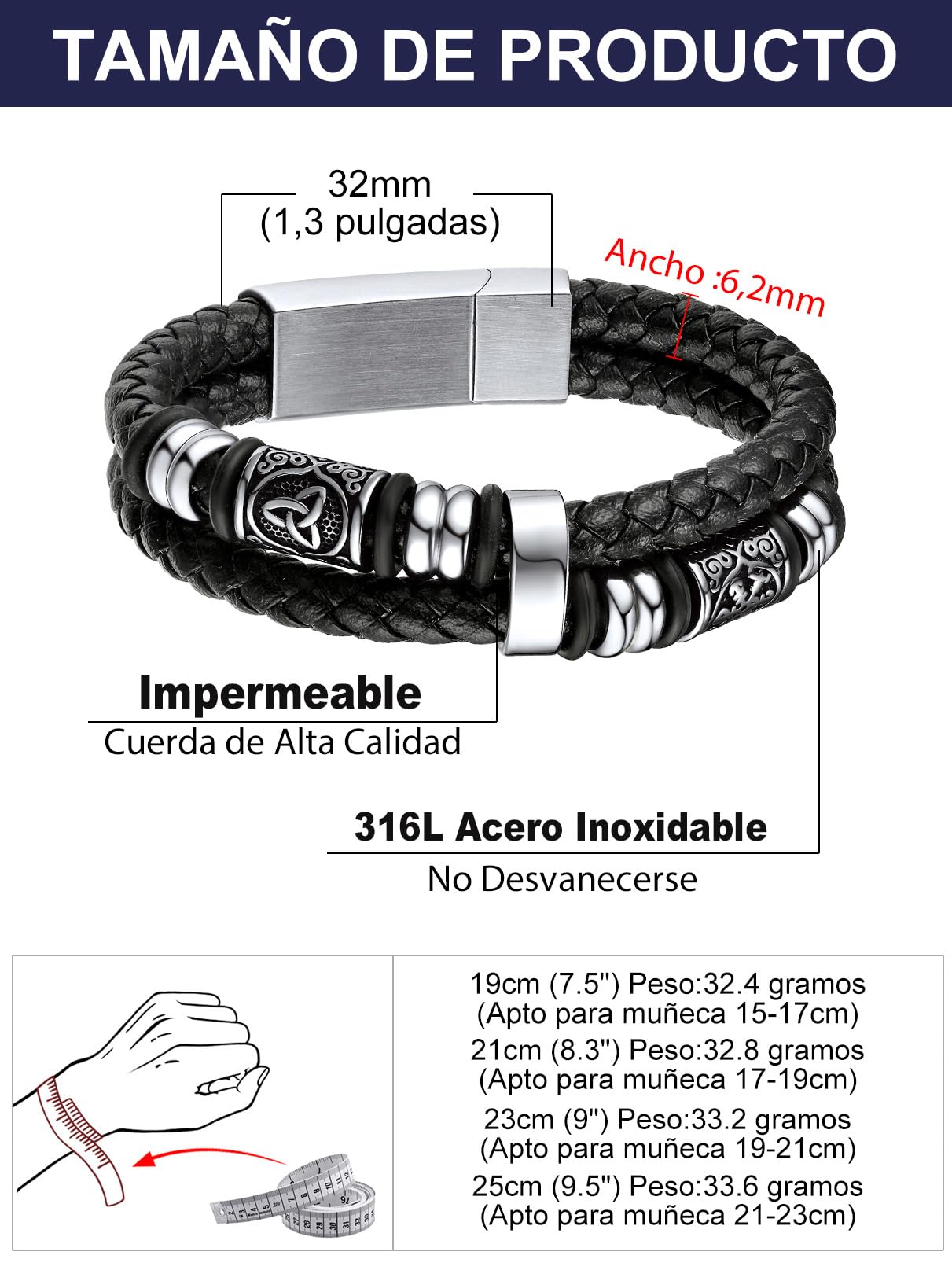 Bandmax Pulsera Viking Cuero Hombre con Charms Brújulas, 19cm 21cm 23cm 25cm Largo, Broche Imán Robusto, Personalizable, Incluye Joyero