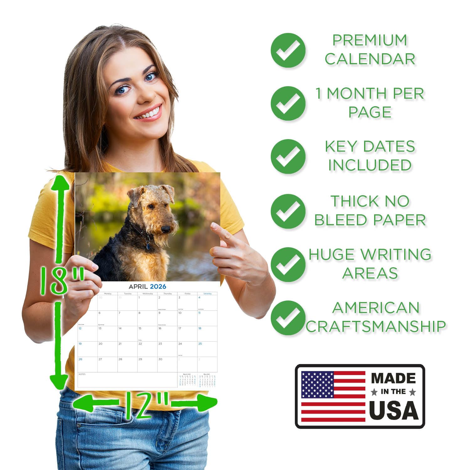 Calendario 2024 2025 Airedale – Calendario mensual de pared de raza de perro – 12 x 18 pulgadas abierto – Papel grueso que no se corre – Regalo – Calendario académico para profesores organizando y