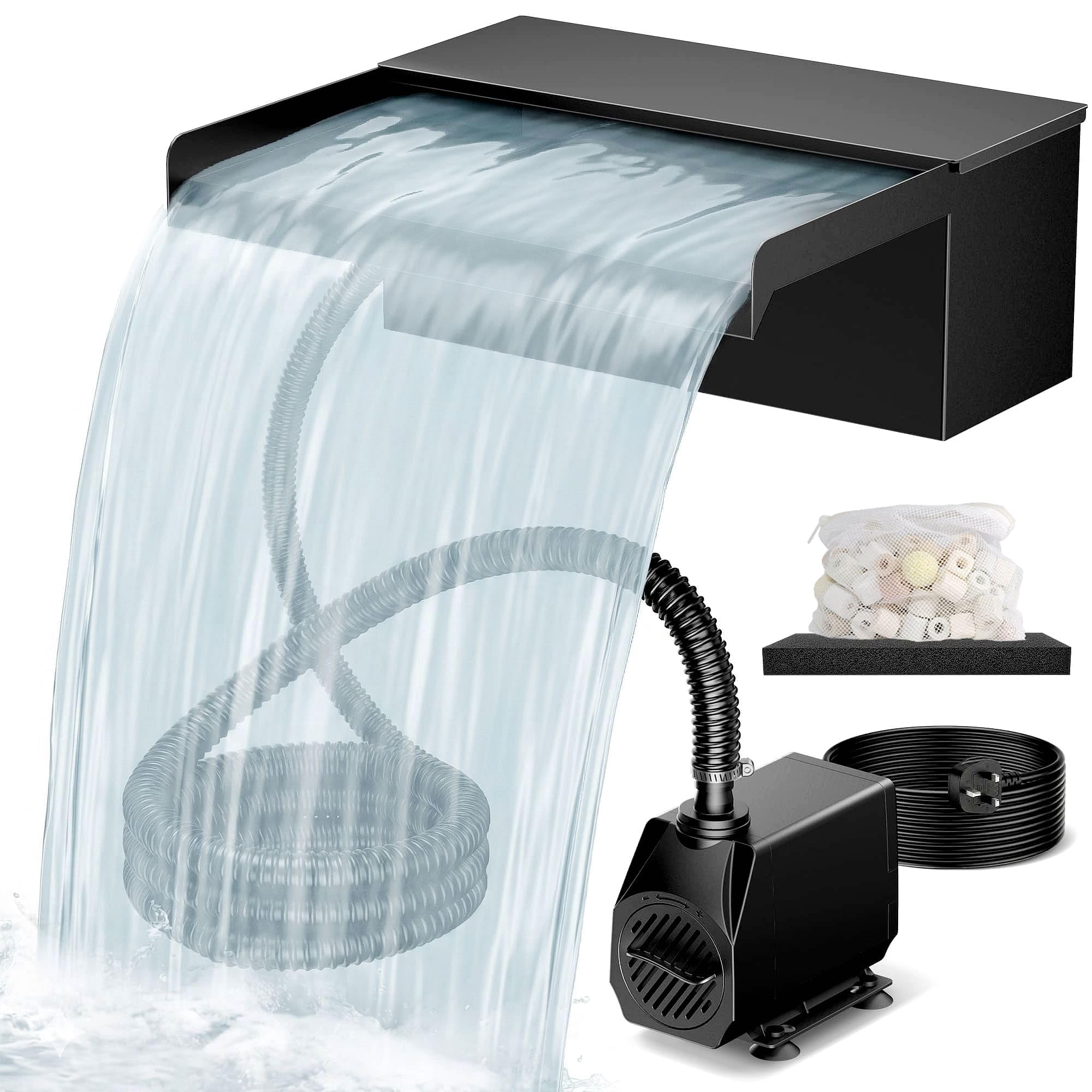Biling Set cascata in acciaio inox 30 cm, completo di pompa e filtro 40 W, 2500 l/h, per laghetto da giardino, laghetto koi, laghetto balneabile, gioco d'acqua, decorazione da giardino, cascata