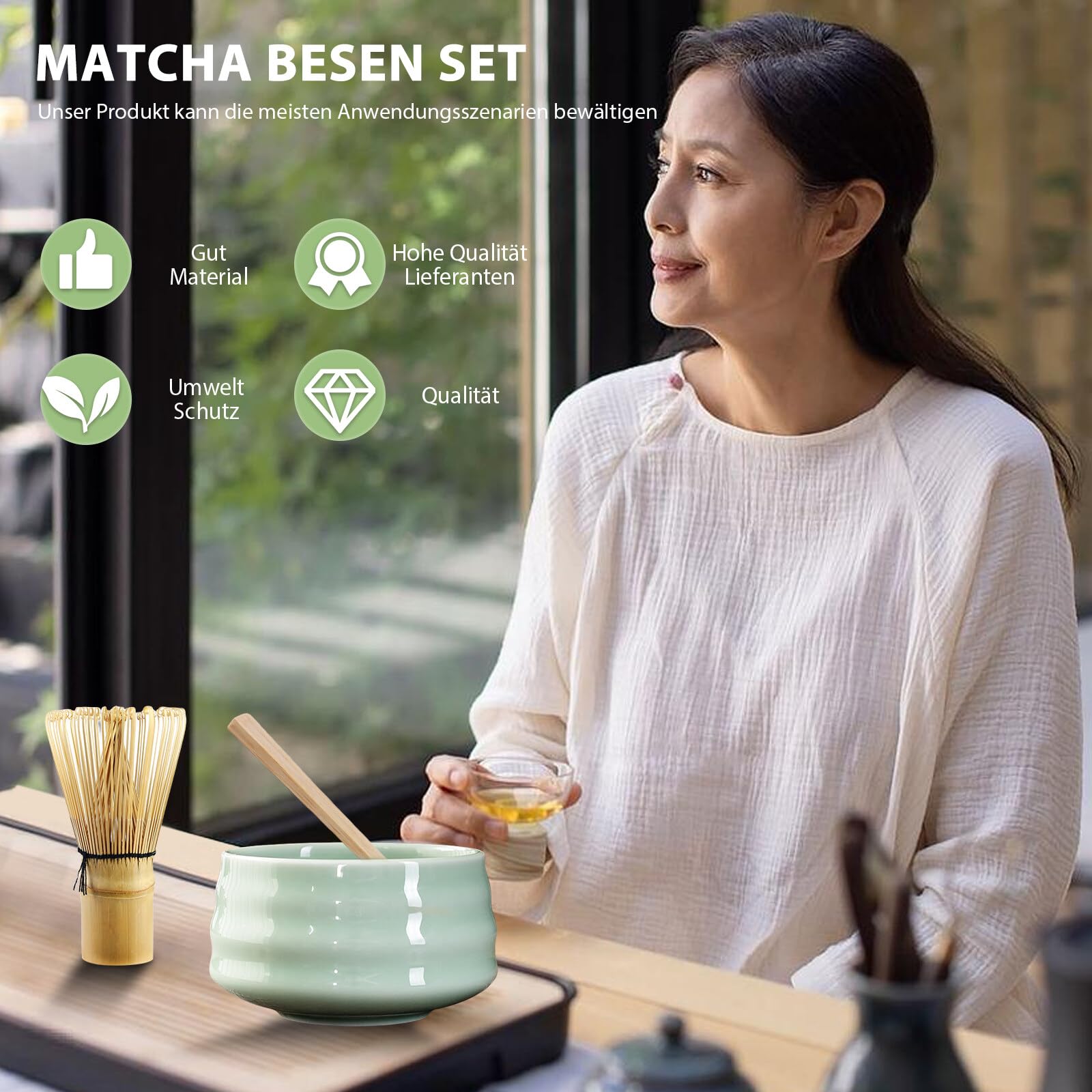 Vaileal Kit De Thé Matcha 4 Pièces : Bol en Céramique, Fouet en Bambou Artisanal, Ensemble Complet pour Cérémonie du Matcha en Couleur Verte