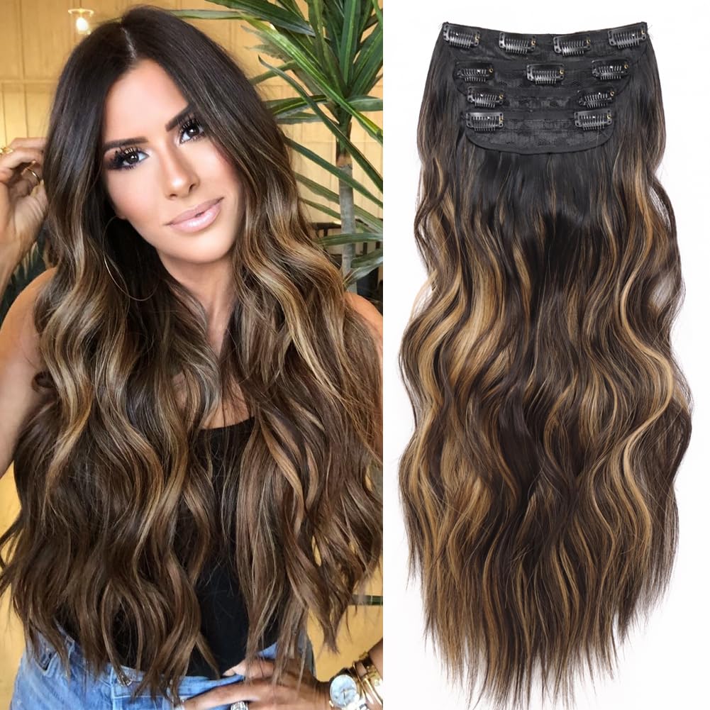Ombre Brown Clip in Hair Extensions 4PCS Dark Light Brown Highlight Hair Extensions Clip ins for Women 20 Inch Long Wavy Dark Roots Curly Hair