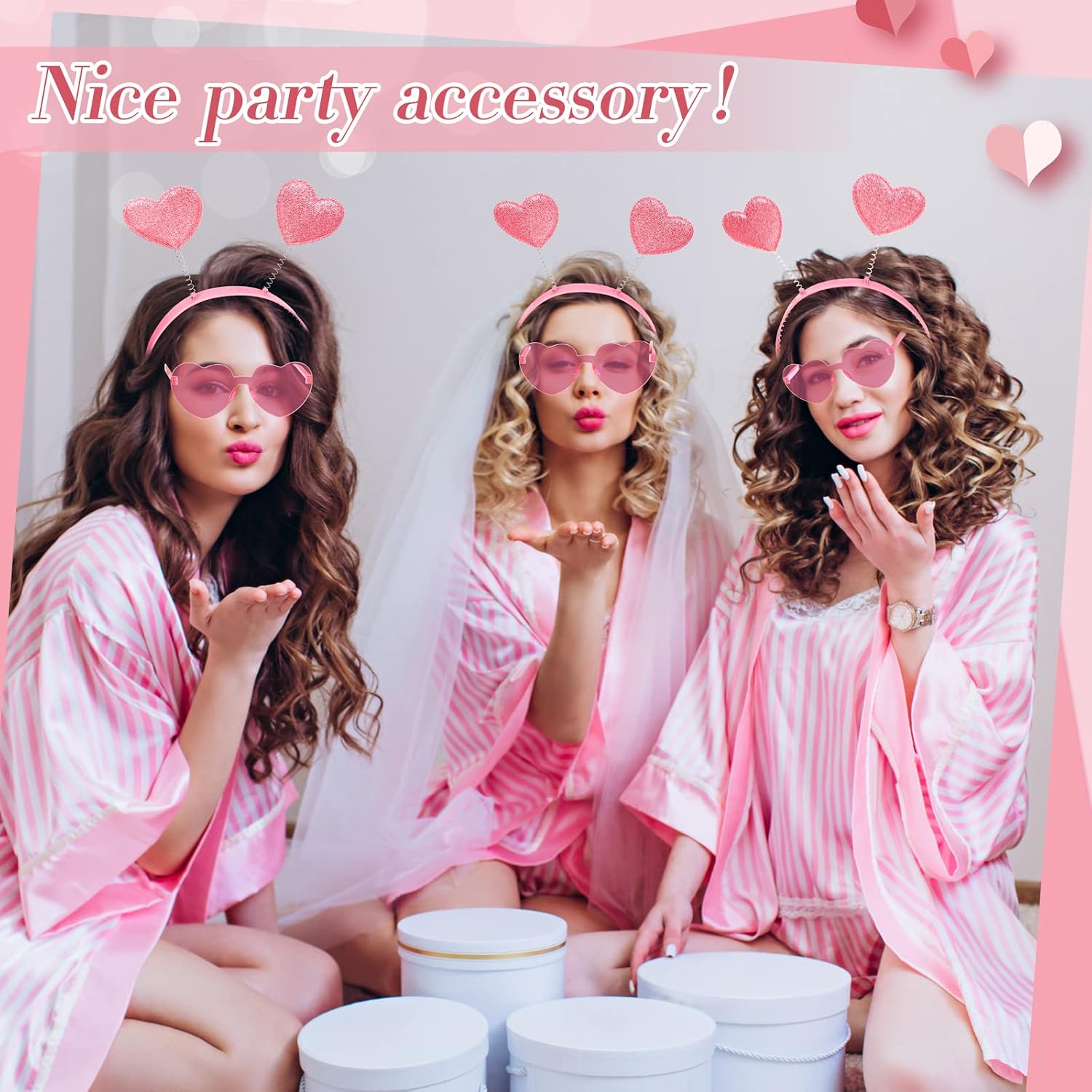 Macarrie 32 Pieces Valentine's Day Heart Headband and Heart Sunglasses Head Boppers Glitter Valentines Accessories for Women(Pink)