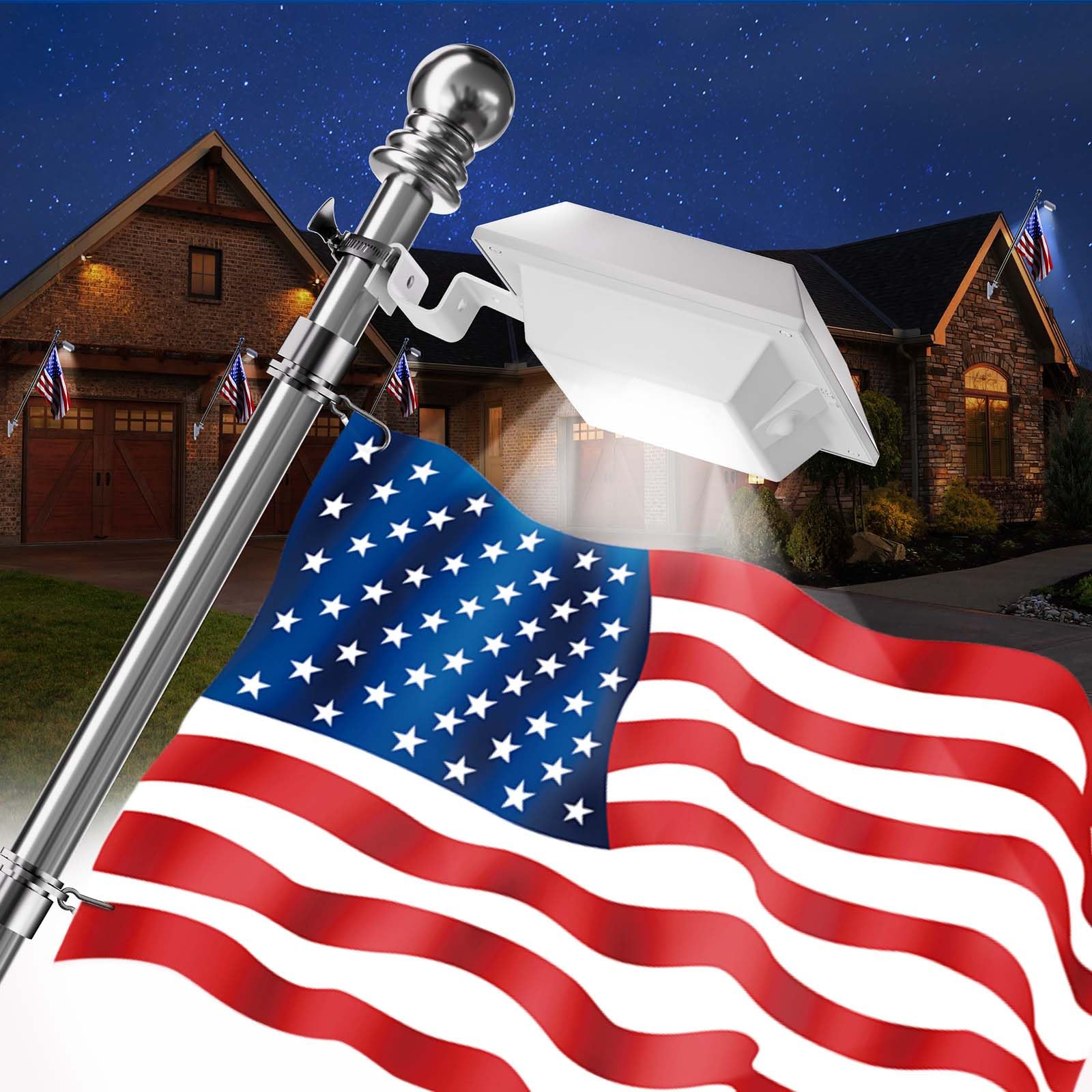 Brightown Solar Flag Pole Light for 3x5 USA Flag - June 14th Celebration Ready, Fits 1-1.5