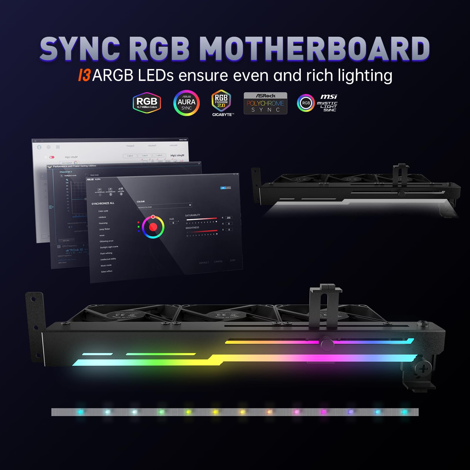 AsiaHorse Ventilateur PWM 80 mm pour ordinateur, carte graphique avec support de carte graphique, 5 V 3 broches ARGB, GPU, avec contrôle Aura Sync jusqu'à 3000 tr/min, noir