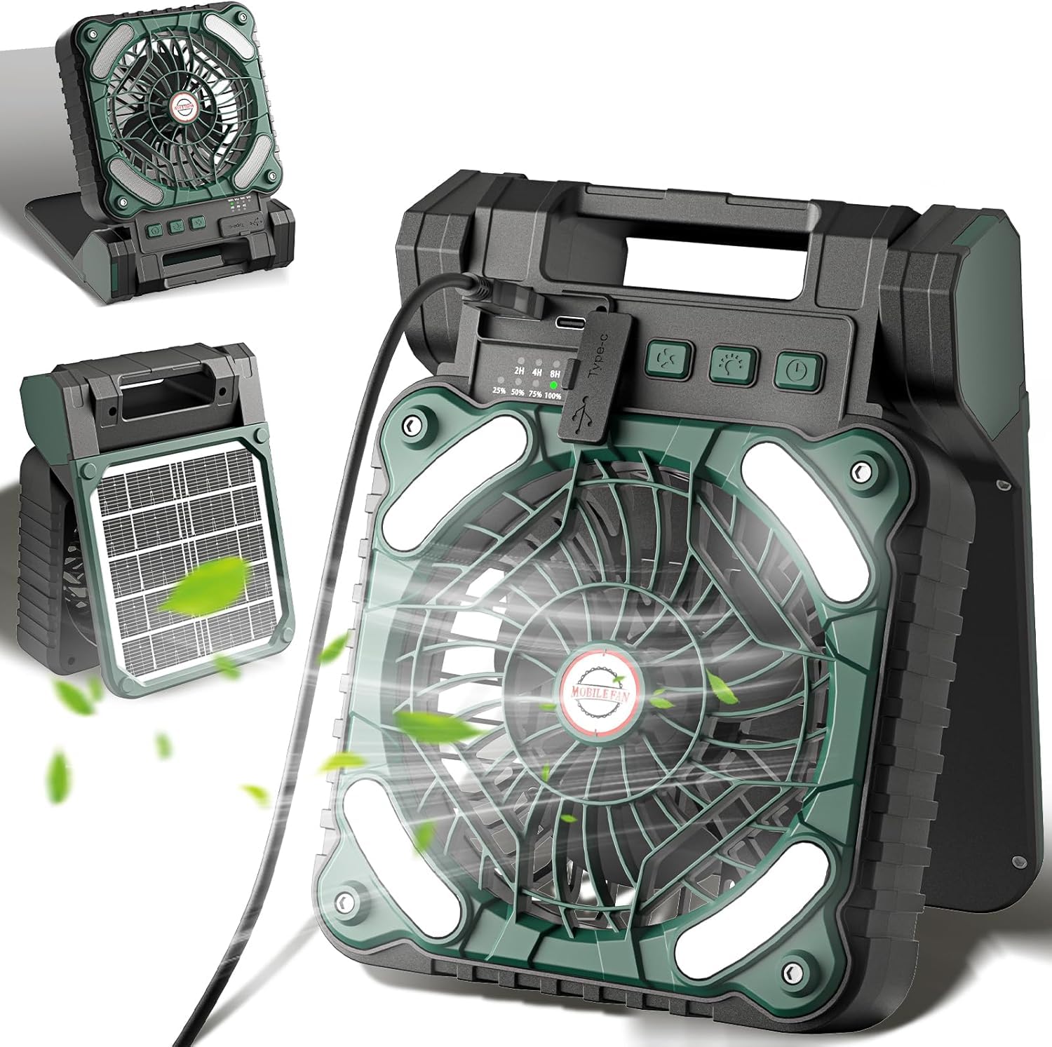 BLURISM 1200mAh Solar Fan & Portable Camping Fan with Lantern Rechargeable Battery Operated, 20H Run Time Max, 8H Timer, 90° Adjustable Portable 48H LED Light for Picnic, Hurricane, Fishing