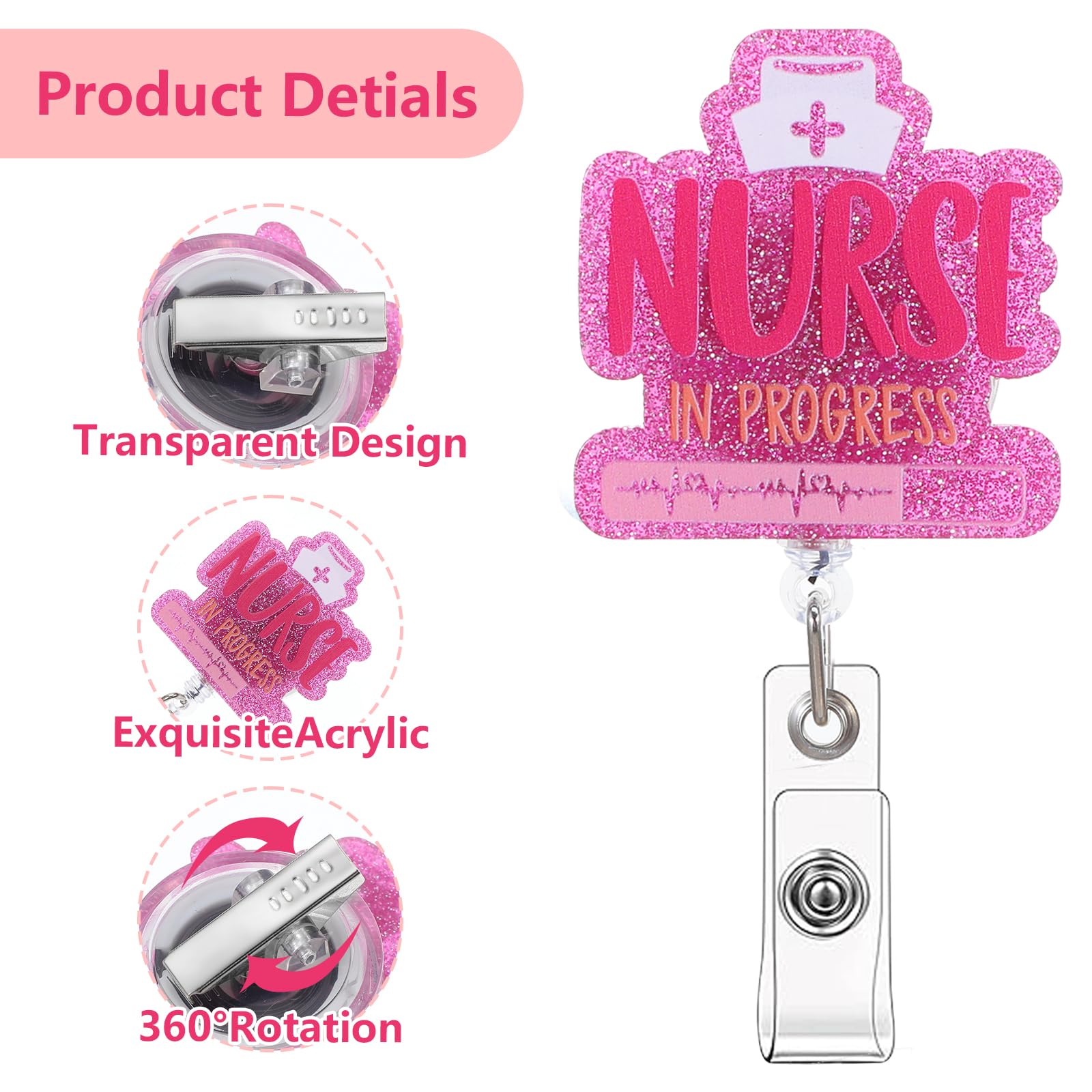 Lnngub 2Pcs Nursing Student Badge Reel,Nurse In Progress Badge Reel Badge Reel Holder Retractable with Clip Cute Nursing Id Card Badge Holder Bling Nurse Badge Reel Holder for Doctor Medical Assistant - Image 3