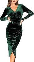 CUPSHE Women's Velvet Midi Dress: Long Sleeve V-Neck Ruched Bodycon Cocktail Party Fall Holiday Outfit