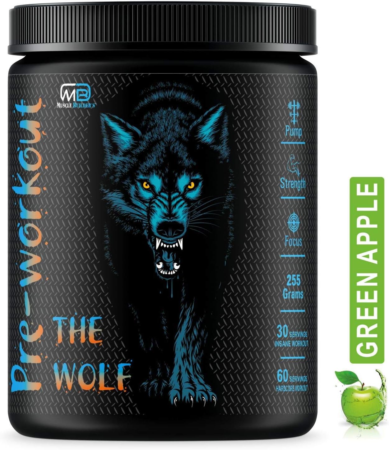 - M B Muscle Builder's The Wolf Pre Workout | Build Muscle | Burn Fat | Increase Strength & Performance | Enhance Focus | Reduce Fatigue | Hardcore Powerful Pre Workout Energy Stimulant [Green Apple]