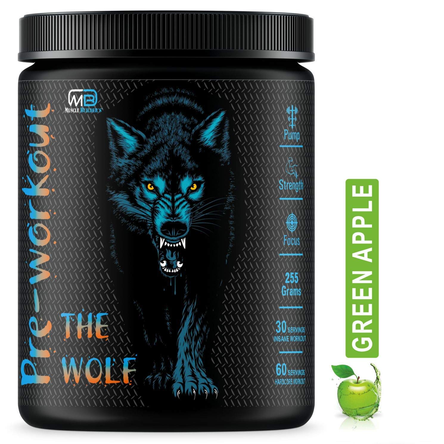 M B Muscle Builder's The Wolf Pre Workout | Build Muscle | Burn Fat | Increase Strength & Performance | Enhance Focus | Reduce Fatigue | Hardcore Powerful Pre Workout Energy Stimulant [Green Apple]