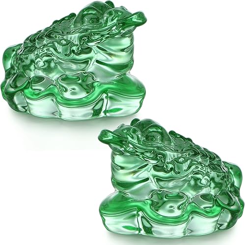MDLUU Paquete de 2 estatuas de sapo de dinero, ranas de la fortuna de cristal Feng Shui, amuleto de buena suerte para caja registradora, escritorio