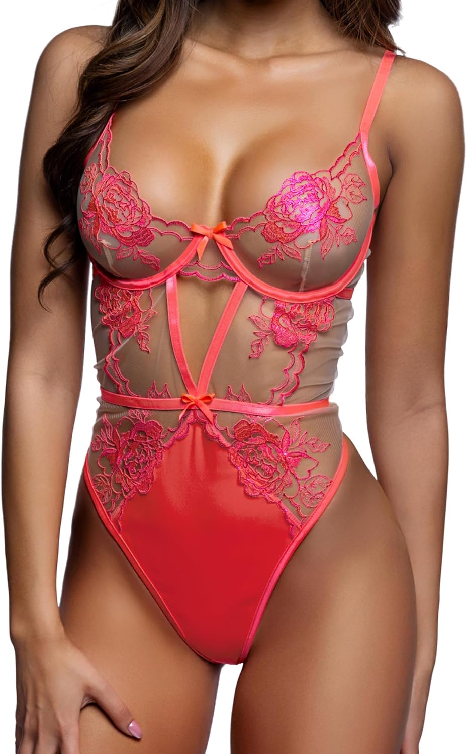 Sexy Teddy Lingerie for Women Roma Wild Fire Sheer Mesh & Floral Lace Strappy One Piece Lingerie Bodysuit with Underwire