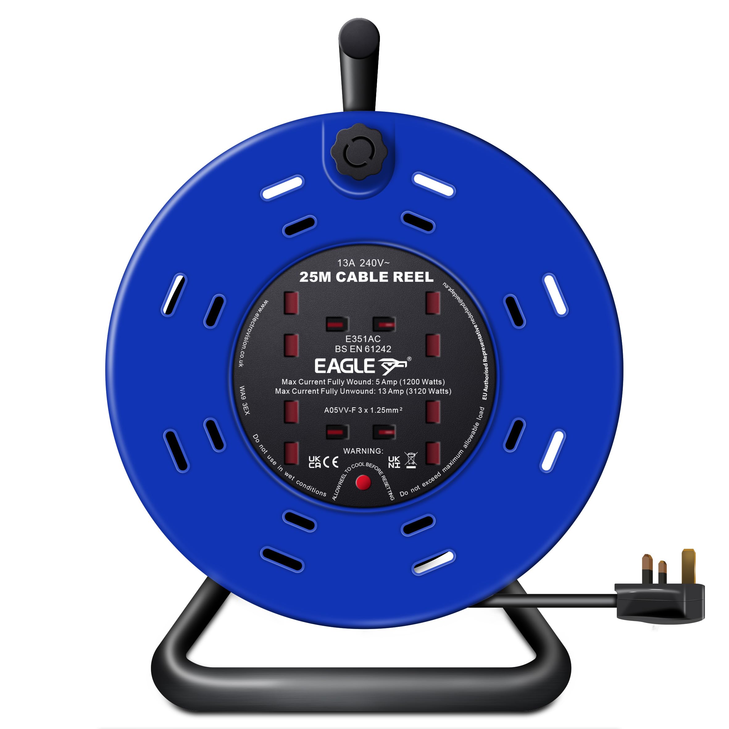 Eagle 4 x UK Plug Socket Extension Reel with A Frame Metal Holder, Restable Thermal Safety Cut Out Protection, Cushioned Easy Hold Handle, Winding Handle, UK Plug. Extending Extension Lead 13 Amps 25m