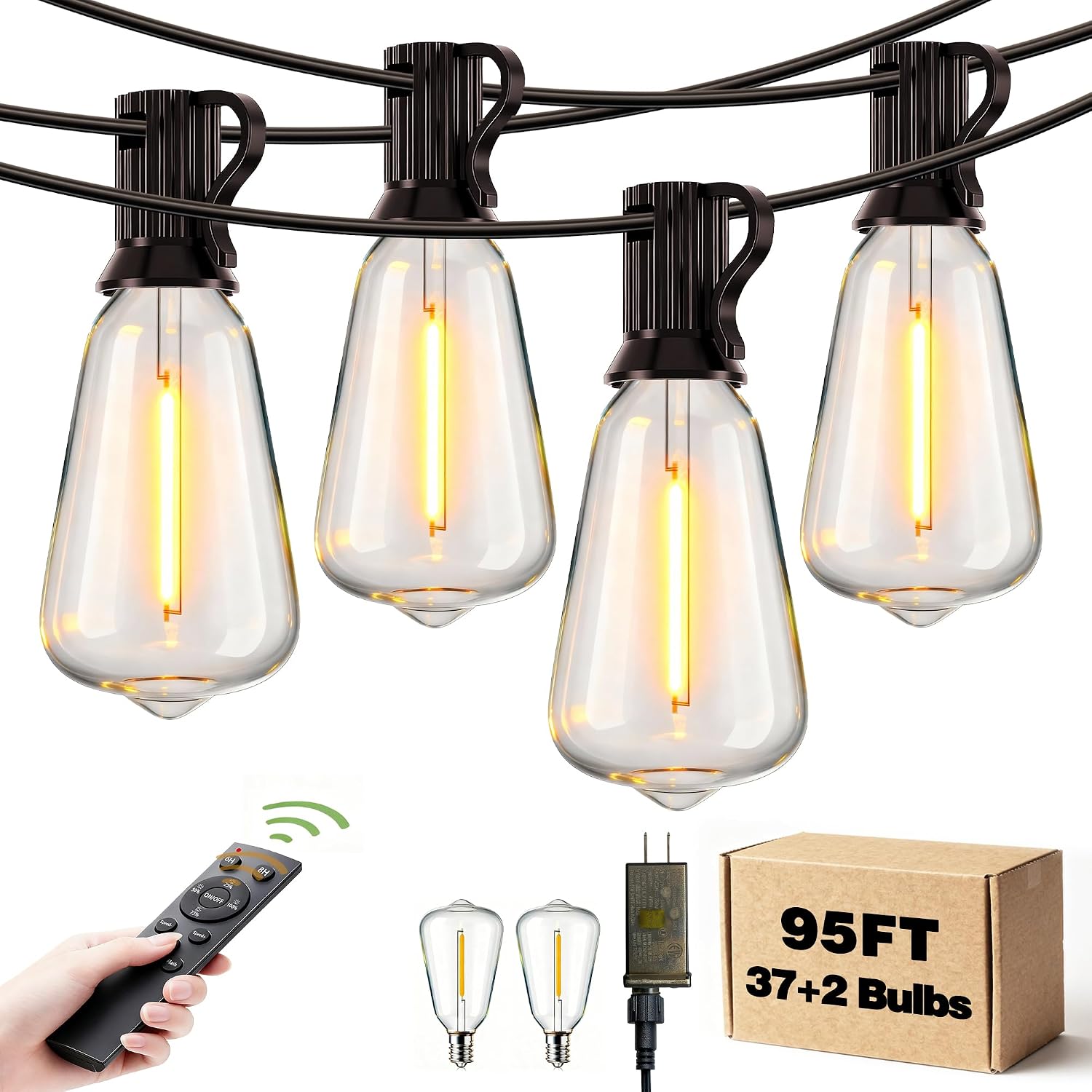 Outdoor String Lights Dimmable Waterproof with Remote, 95FT 37 Shatterproof ST38 Edison LED Bulbs Hanging Outside Light for Patio, Backyard, Porch, Deck, Balcony, Garden
