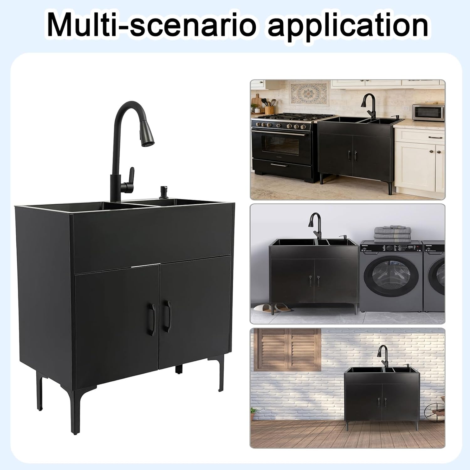 30-Inch Laundry Sink with Cabinet, Kitchen Sink with Cabinet and Pull-Out Faucet, Freestanding All-in-One Kitchen Sink Cabinet for Kitchens, Garages, Laundry Rooms, Bathrooms (Black, 30-Inch)