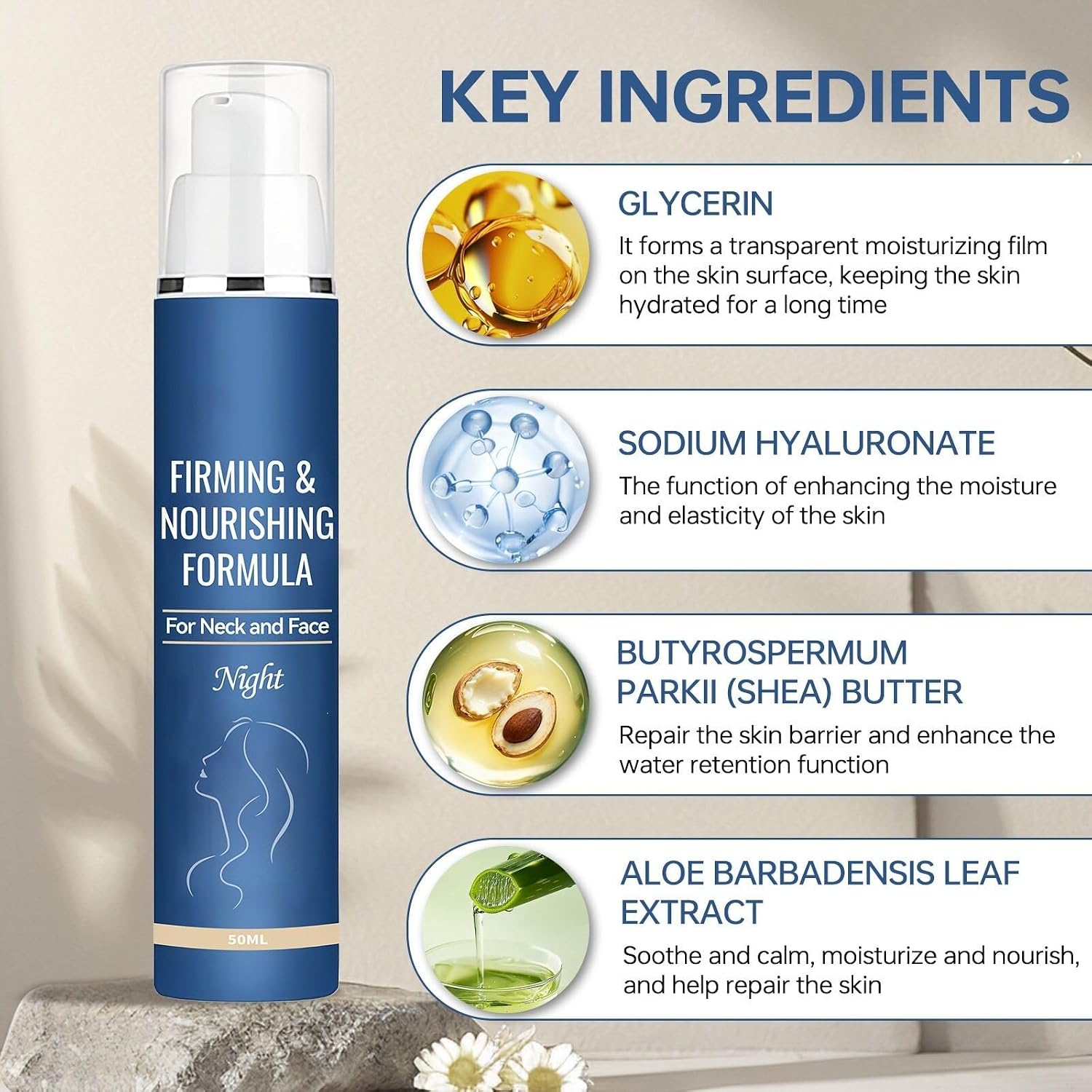 Firm and Restore Formula Night Cream for Face & Neck, Hydrating Moisturizer with Marine Ferment & Hyaluronic Acid, 50ml