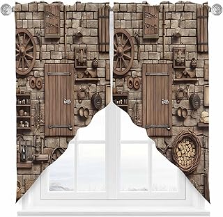 Medieval Swag Valances for Windows, Kitchen Window Curtains Over Sink, Rustic Weathered Grunge Cottage Scene Wooden Window Treatment Curtains for Living Room/Bedroom 2 Panel Sets 36"x45"