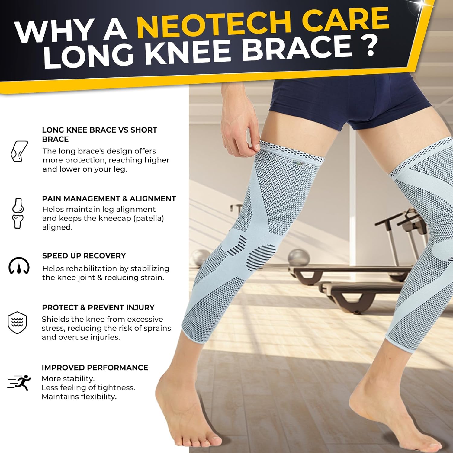 NeoTech Care Knee & Leg Support Brace - Breathable (Gray Color, Size L, 1 Pair)
