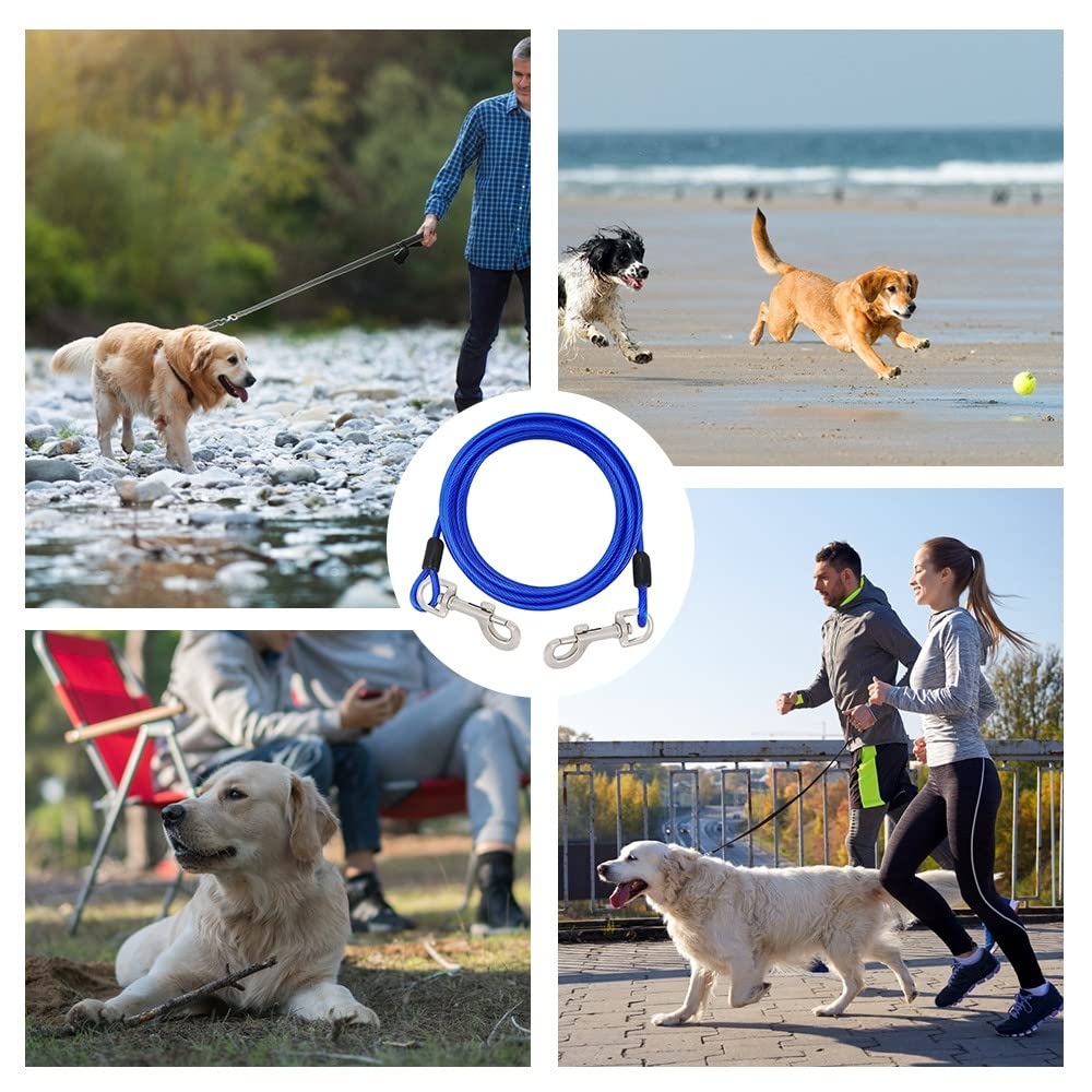 DONGKER Cable de amarre para perro de 3 m, correa de alambre de acero reflectante para mascotas con gancho giratorio de 360° para perros medianos y grandes de hasta 130 libras