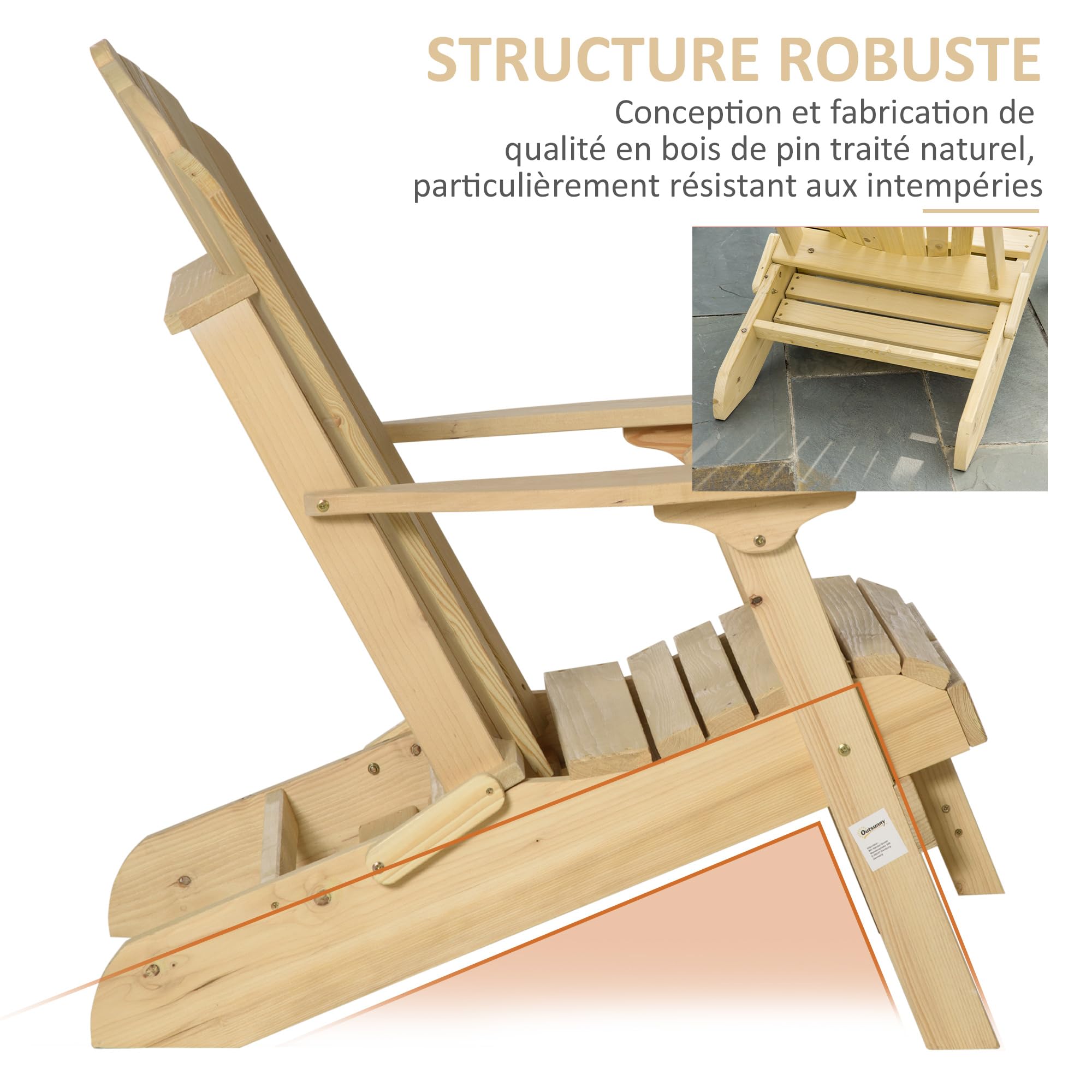 Outsunny Fauteuil de Jardin Adirondack avec Pouf en pin intégré Chaise de Patio Pliante