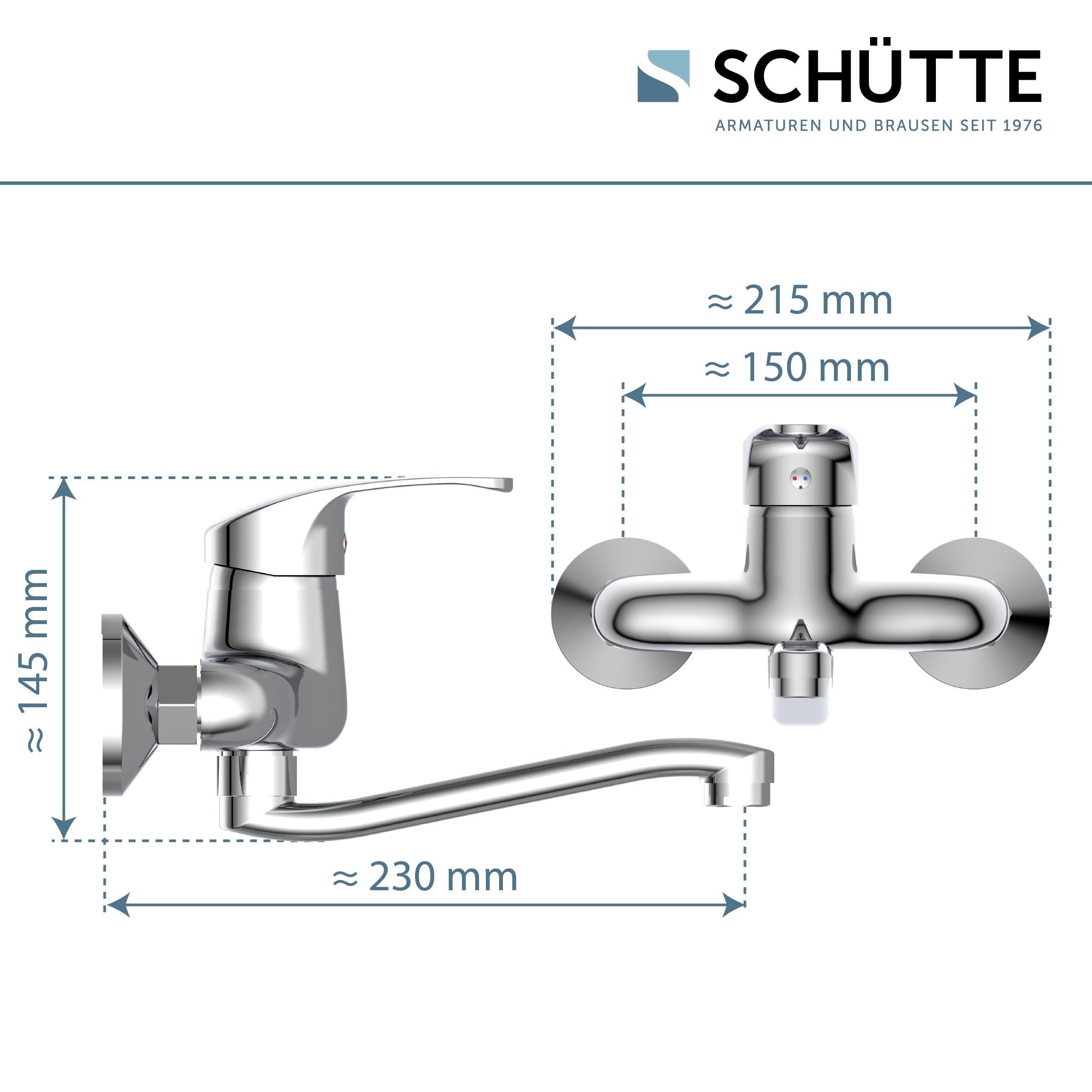 SCHÜTTE 36760 ORAZI Kran Ścienny, Chrom, Armatura 360°, Idealna do Podwójnych Zlewów, Bateria Mieszakowa do Montażu na Ścianie w Kuchni/Umywalce