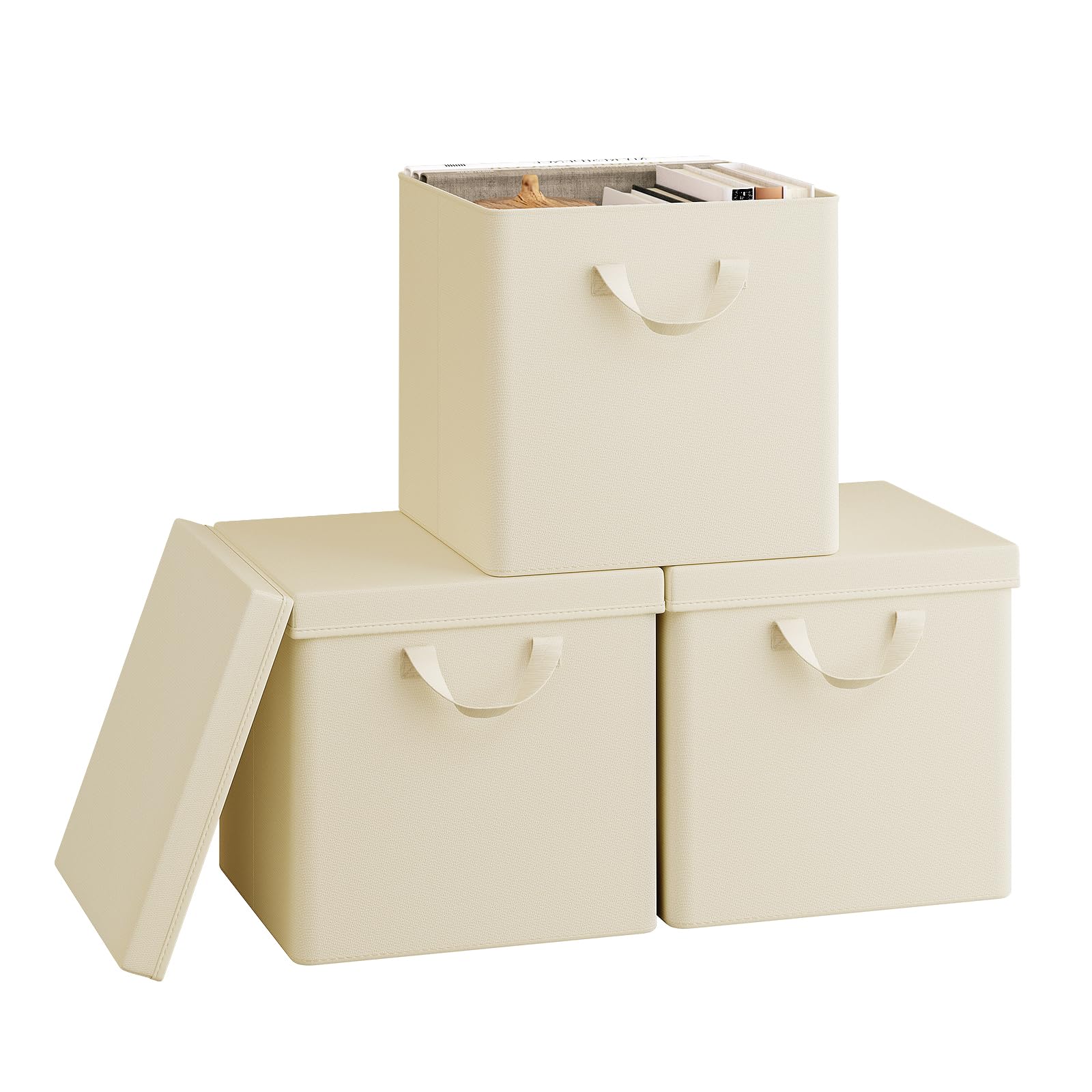 WOLTU Fabric Storage Boxes Set of 3, Folding Baskets with Lids, Handles, Metal Frame, Wardrobe Toy Organisers for Living Room, Bedroom, Office, Cream, 30x30x29cm