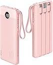 VRURC Portable Charger Power Bank, 10000mAh Travel Essentials Battery Pack, 5 Outputs 2 Inputs Slim Charging Bank Built-in Cables Cords Wires Compatible with iPhone,Samsung,Android-Pink(1 Pack)