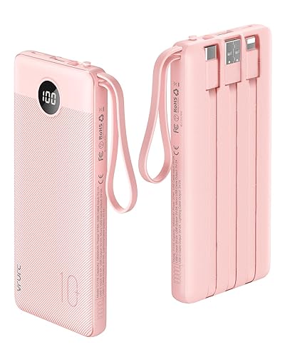 VRURC Portable Charger Power Bank, 10000mAh Travel Essentials Battery Pack, 5 Outputs 2 Inputs Slim Charging Bank Built-in Cables Cords Wires Compatible with iPhone,Samsung,Android-Pink(1 Pack) - Pink
