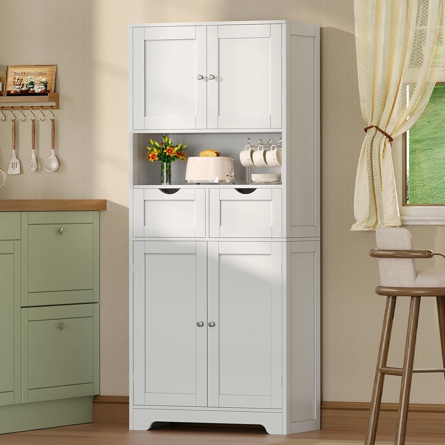 TEENFON Meuble de Salle de Bain avec 4 Portes, Armoire de Rangement Colonne avec 2 Étagères Réglables et 2 Tiroirs, 60x30x147 cm, Blanc