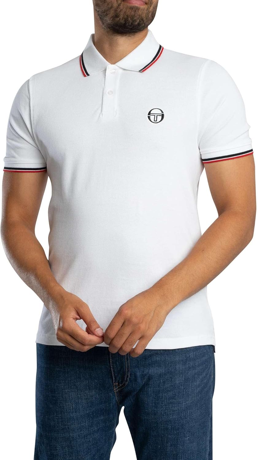 Sergio Tacchini Men's 020 Stripe Collar Polo Shirt, White/Black/Adrenaline