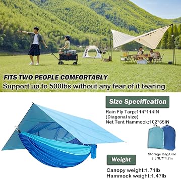 Camping Hammock with Net,Tree Straps and Removable Rain Fly Tarp,Lightweight Double Hammock,Portable Hammock Rainfly Set for Outdoor Hiking Backpacking,Travel (Blue)