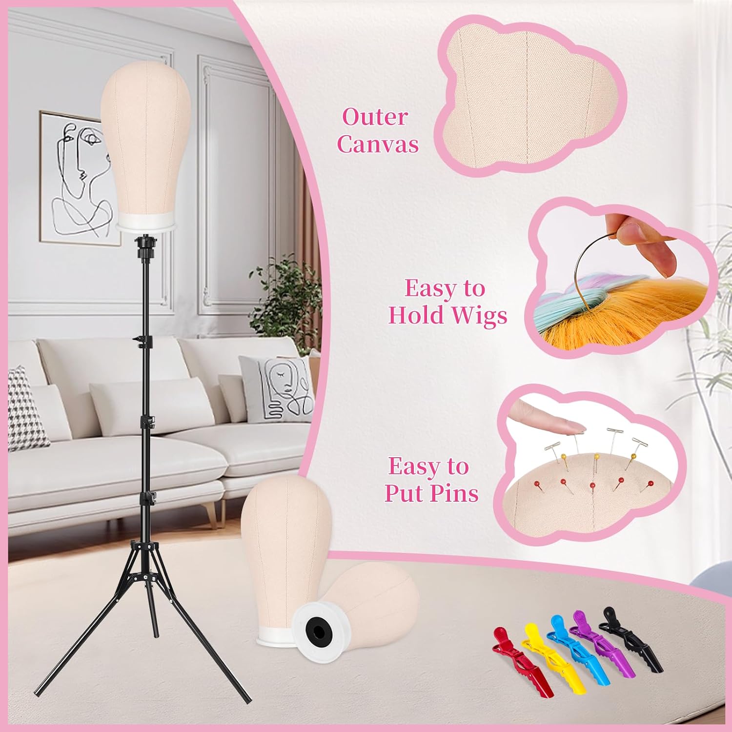 63In Wig Stand Tripod with 22In Head, Canvas Wig Head Stand with Mannequin Head for Wigs Manikin Head Block Set for Wigs Making Display
