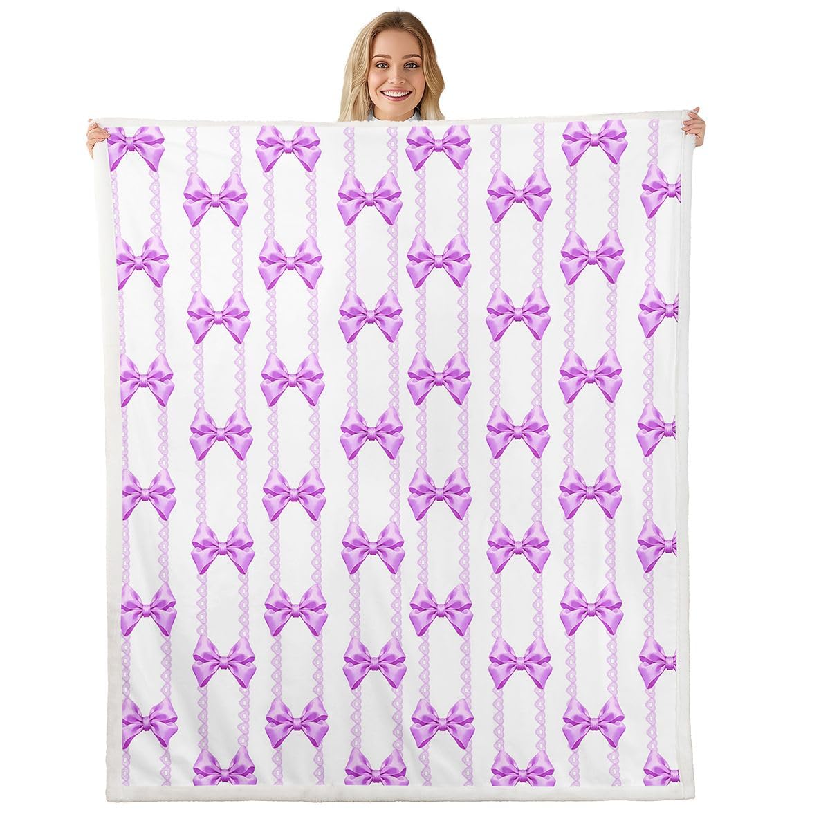 Homewish Kokarda dziewczęca kawaii fioletowy koc szerpa księżniczka kokardka marzycielski puszysty pluszowy narzuta koronka w paski polarowy koc - wstążka śliczna dekoracja na łóżko kanapę