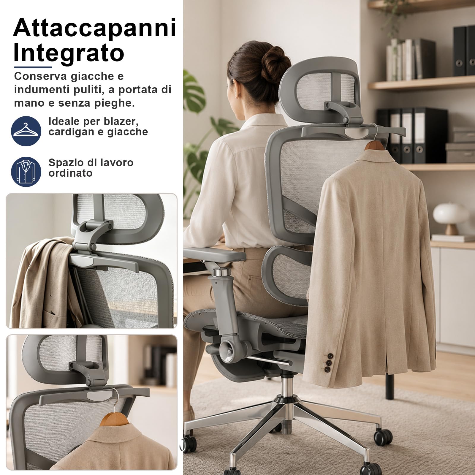 naspaluro Sedia Ufficio Ergonomica, Sedia Scrivania con Poggiapiedi Estraibile, Braccioli 6D, Seduta Regolabile, Schienale Rete Traspirant Supporto Lombare Poltrona Gaming, Carico 150 kg, Grigio
