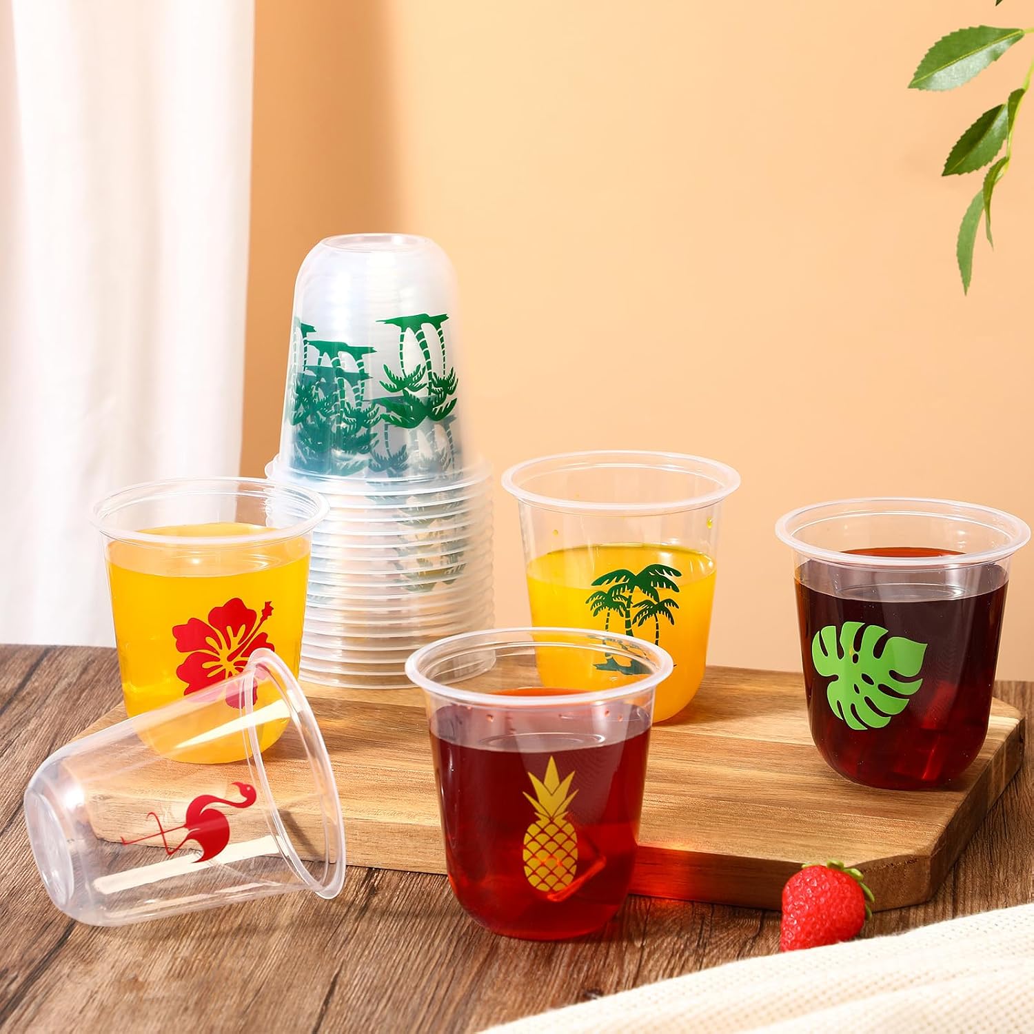 Jingmore 150 Pcs Hawaii Luau Cups Bulk 12 oz Clear Plastic Tropical Hawaiian Plant Based Cups Disposable Palm Leaves Flamingo Hibiscus Drinking Cup for Summer Luau Tiki Birthday Party Supplies