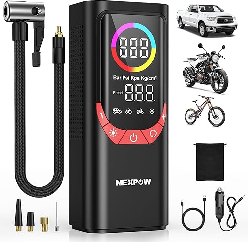 NEXPOW NP17 Compresor de Aire Portátil, Inflador de Neumáticos Digital de 150 PSI, Inflado Rápido con Apagado Automático, Luz LED, Múltiples Rojo