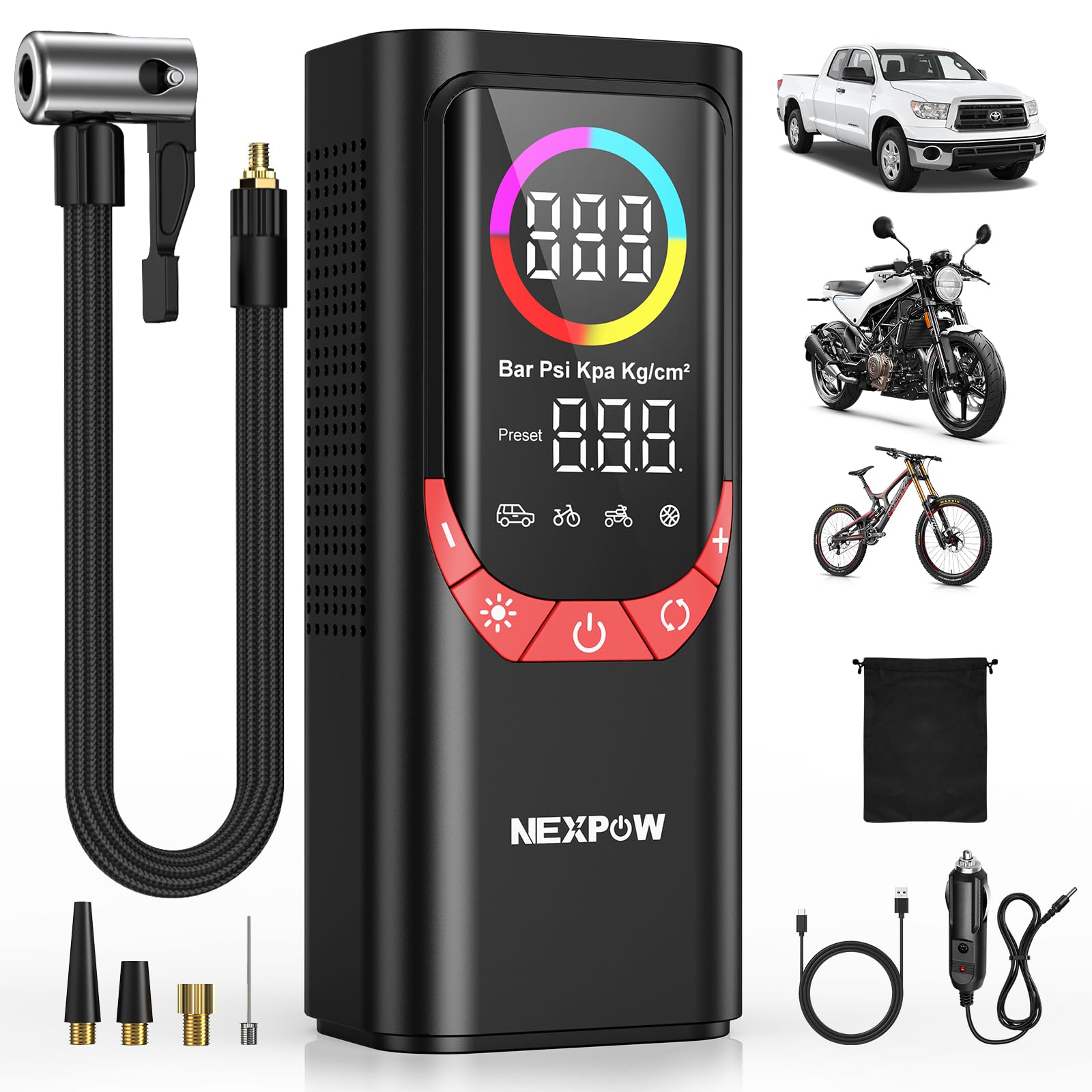 NEXPOW NP17 Compresor de aire portátil, inflador digital de neumáticos de 150 PSI, inflado rápido con apagado automático, luz LED, múltiples boquillas para coche, bicicleta y pelota, diseño compacto