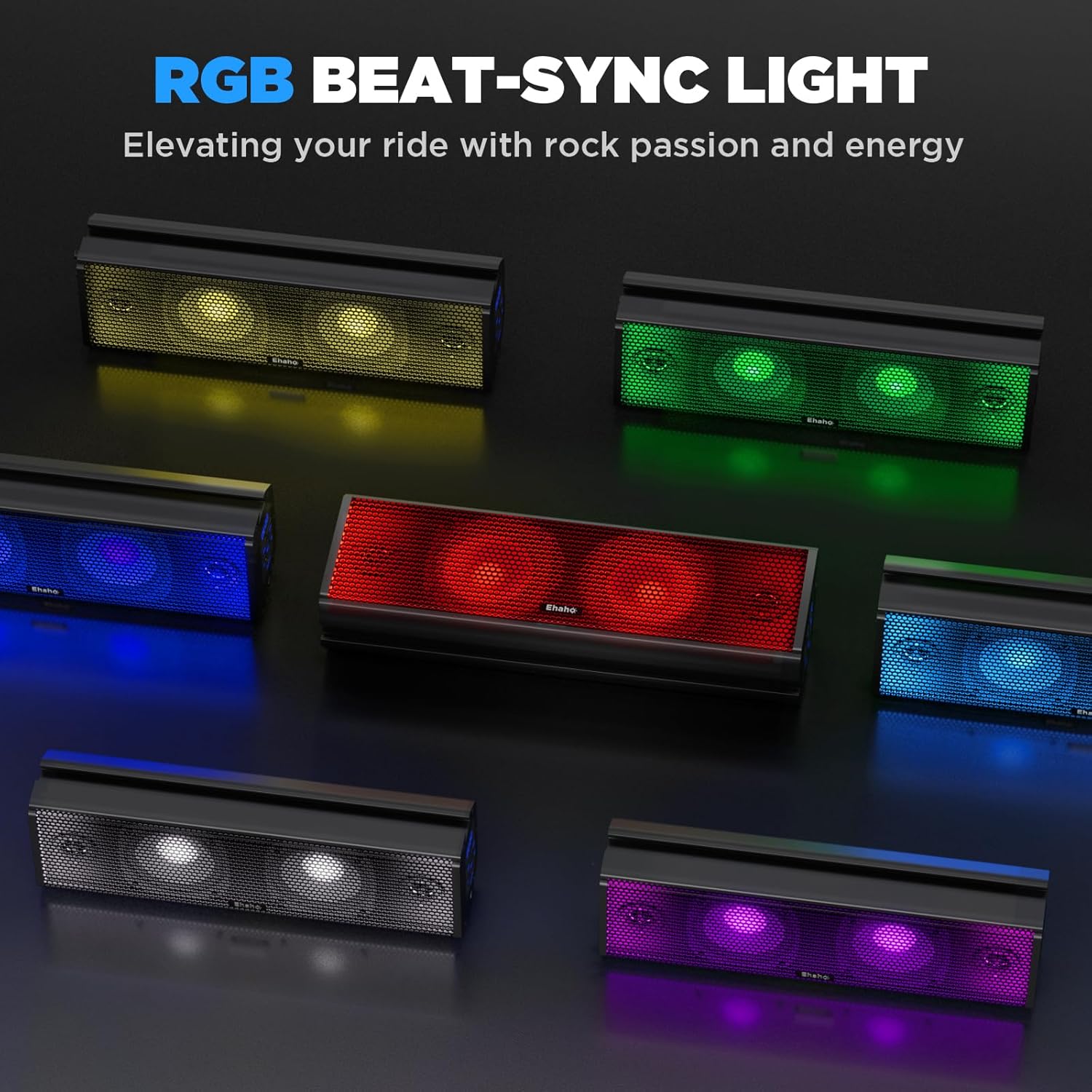 Multiple Ehaho UTV Sound Bars displaying different RGB light colors (yellow, red, blue, green, white, purple), with text 'RGB Beat-Sync Light'.