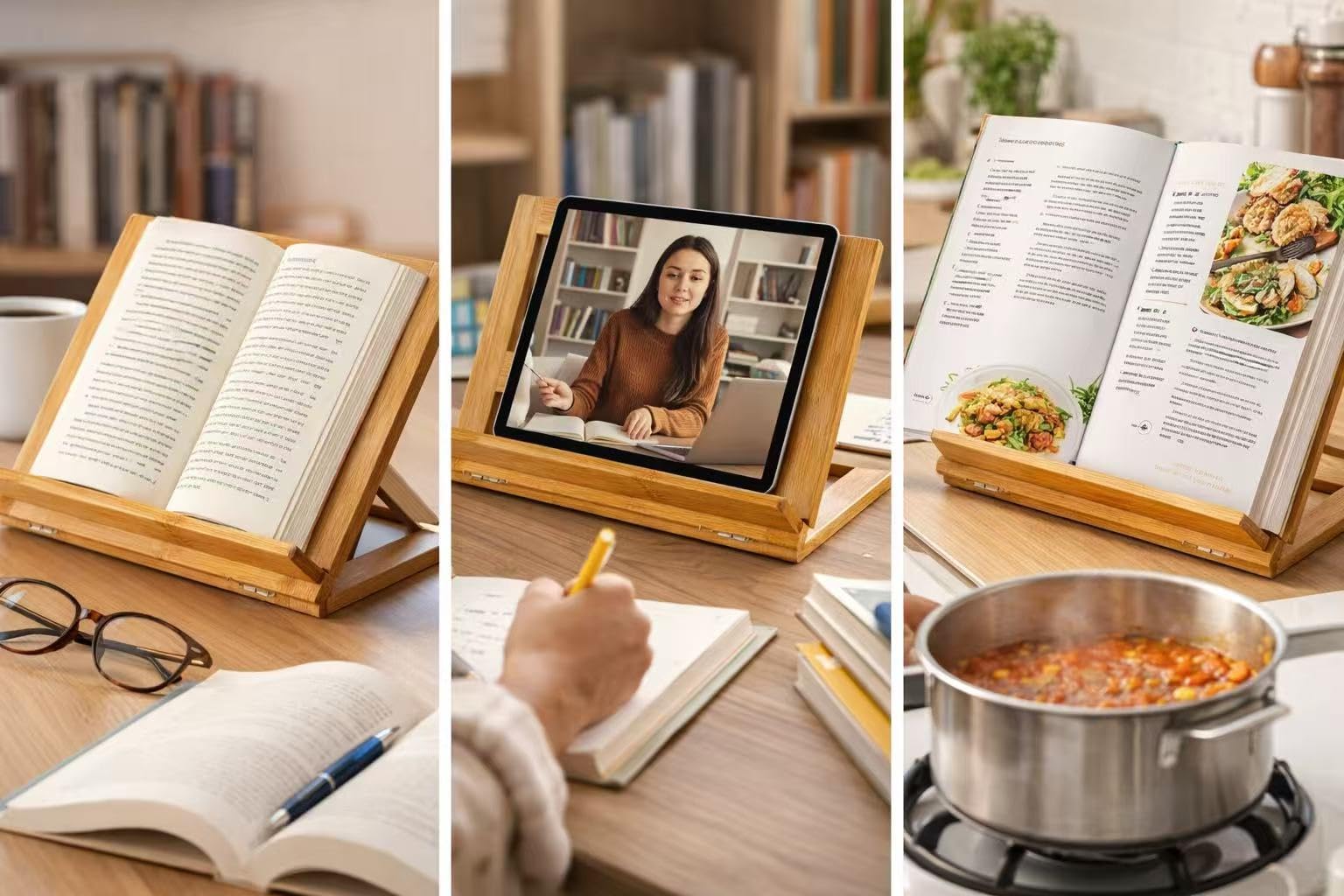 Supporto per libri in bambù per leggere e scrivere, pendenza di scrittura pieghevole con angolo regolabile Supporto per tablet per laptop in legno Supporto per libri da scrivania Supporto per cuoco