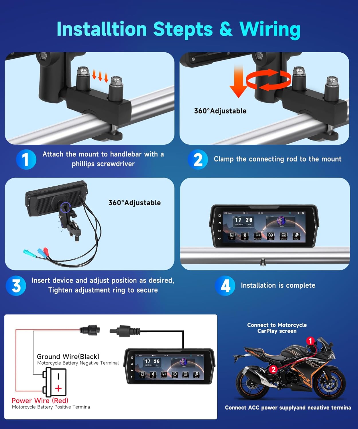 Motorcycle Front+Rear Dash Cam,6.86 inch IPS 1280x480P Touch Screen,1080P Motorcycle Camera DVR,Wireless Carplay&Android Auto,GPS,IP67 Waterproof,120°Wide,Bluetooth5.0,TF,PhoneLink for Motorbike
