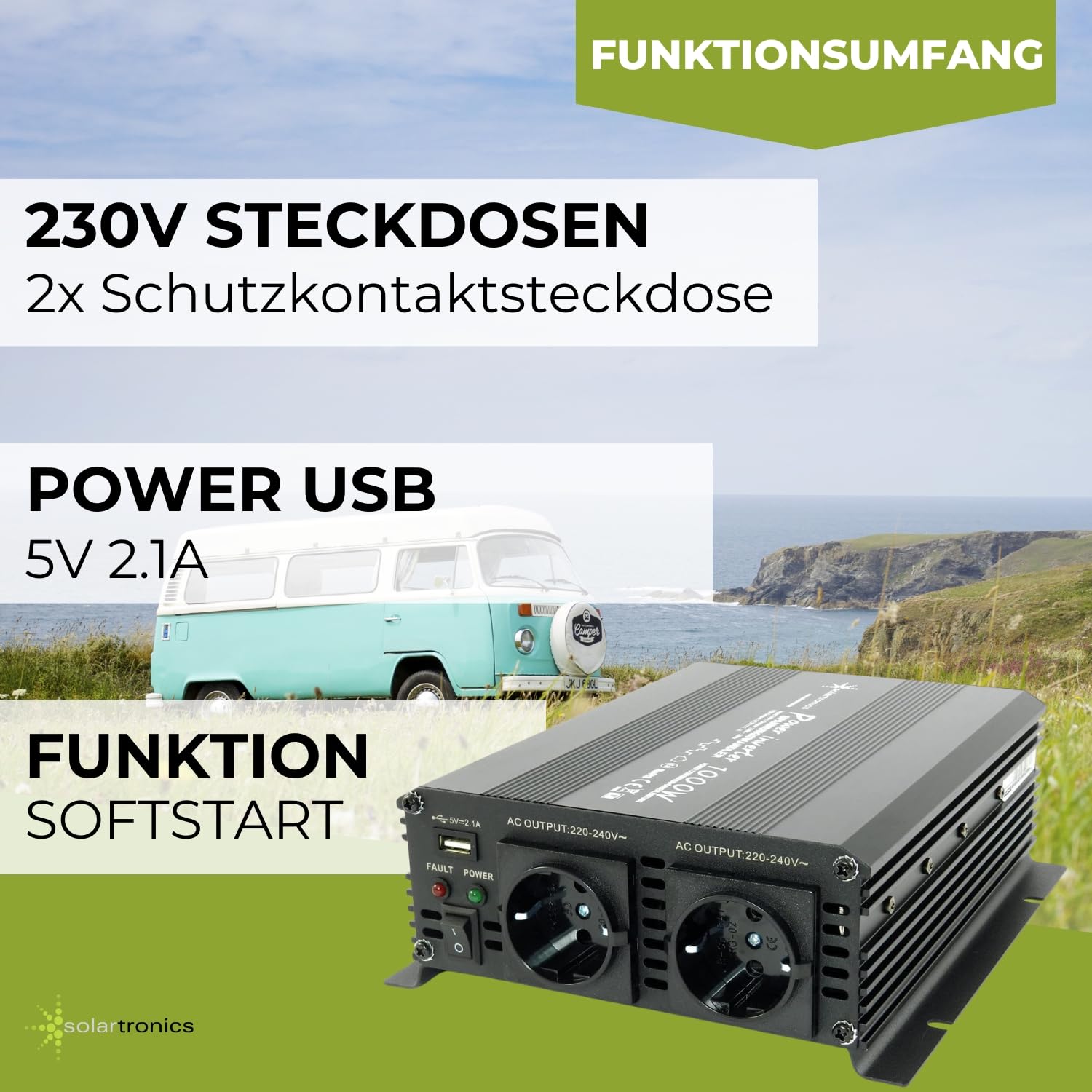 Solartronics NM1000 24V 1000 Watt Nero Convertitore di Tensione - 2000 Watt Spitzenleistung - Invertitore 24V Su 230V