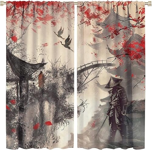 Cortinas opacas estilo samurái japonés vintage para dormitorio, con tinta de acuarela, con bolsillo para barra, 2 paneles, 45 pulgadas de largo x 21