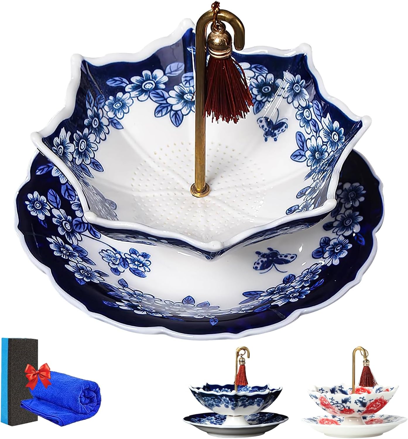 Ceramic Tea Strainer for Loose Leaf Tea, Umbrella Shape Porcelain Tea Filter with Drip Base, Reusable Fine Mesh Tea Infuser for Mug Cup and Teapot (Blue)