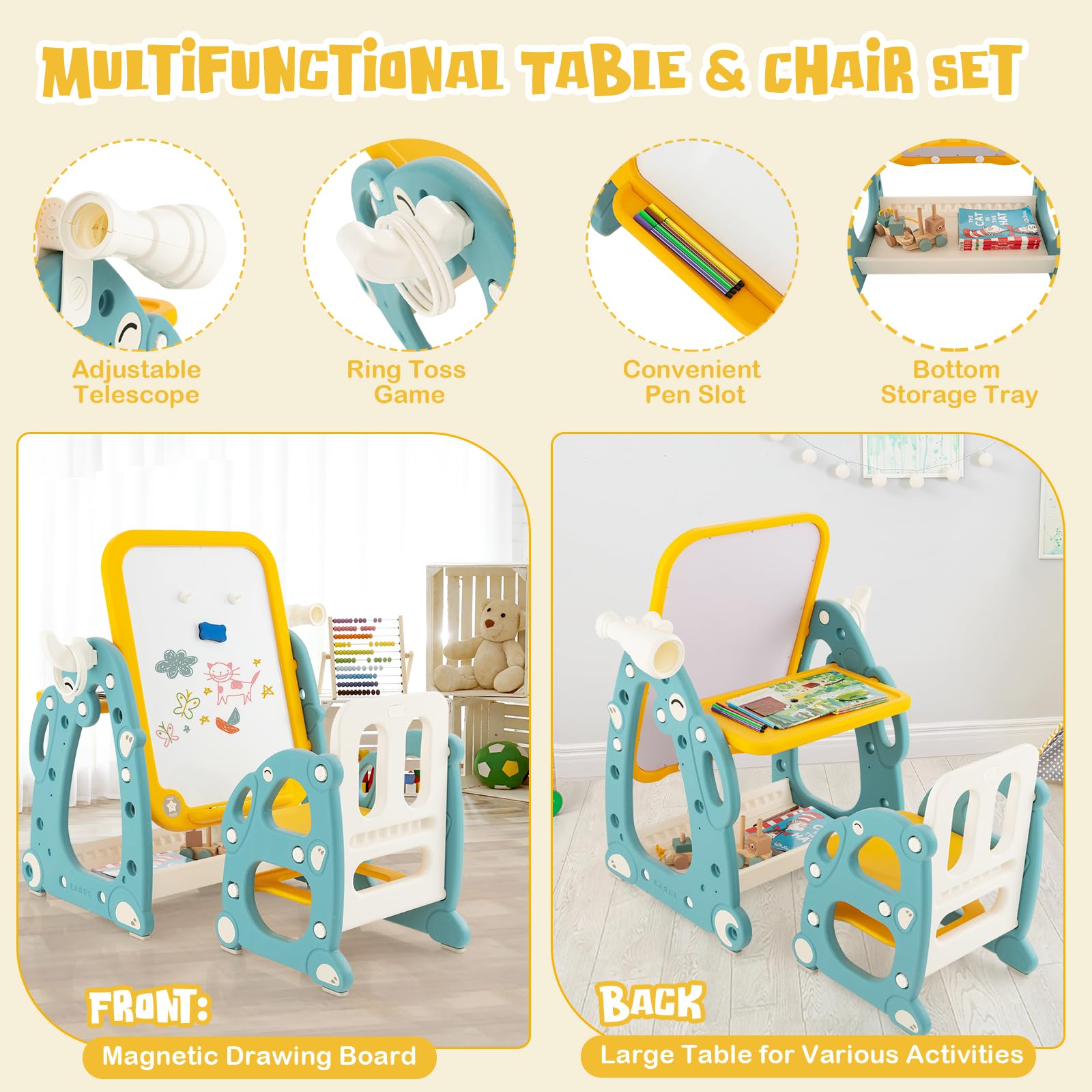HOMASIS Cavalletto da pittura per bambini con sedia, lavagna per bambini ad altezza regolabile, tavolino multifunzione e salvaspazio, con penne, gomma per lavagne bianche, blu e giallo