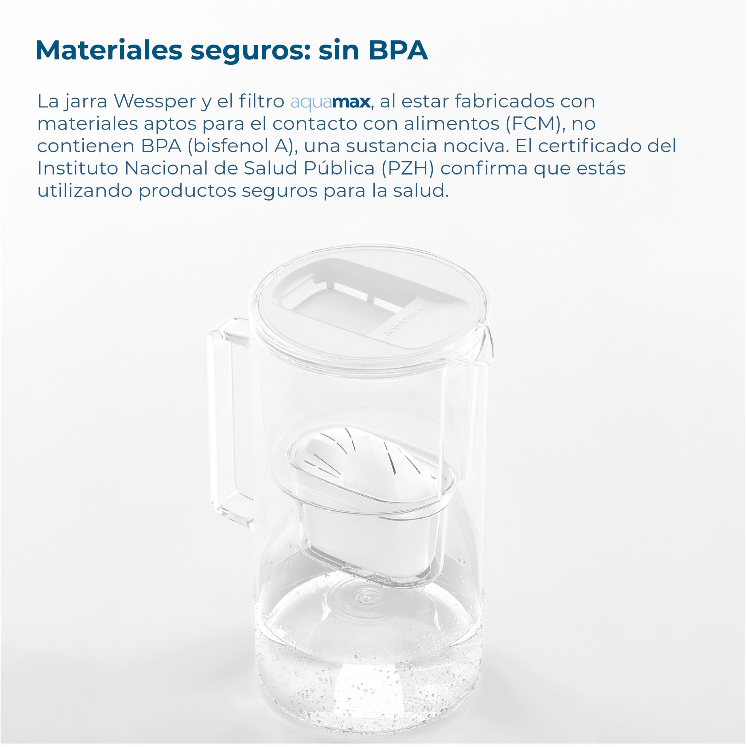 Wessper jarra con filtro de agua cristal de 3 l, juego compuesto por una jarra y 2 filtros Aquamax, reduce el cloro y los metales pesados, sin BPA - Blanco