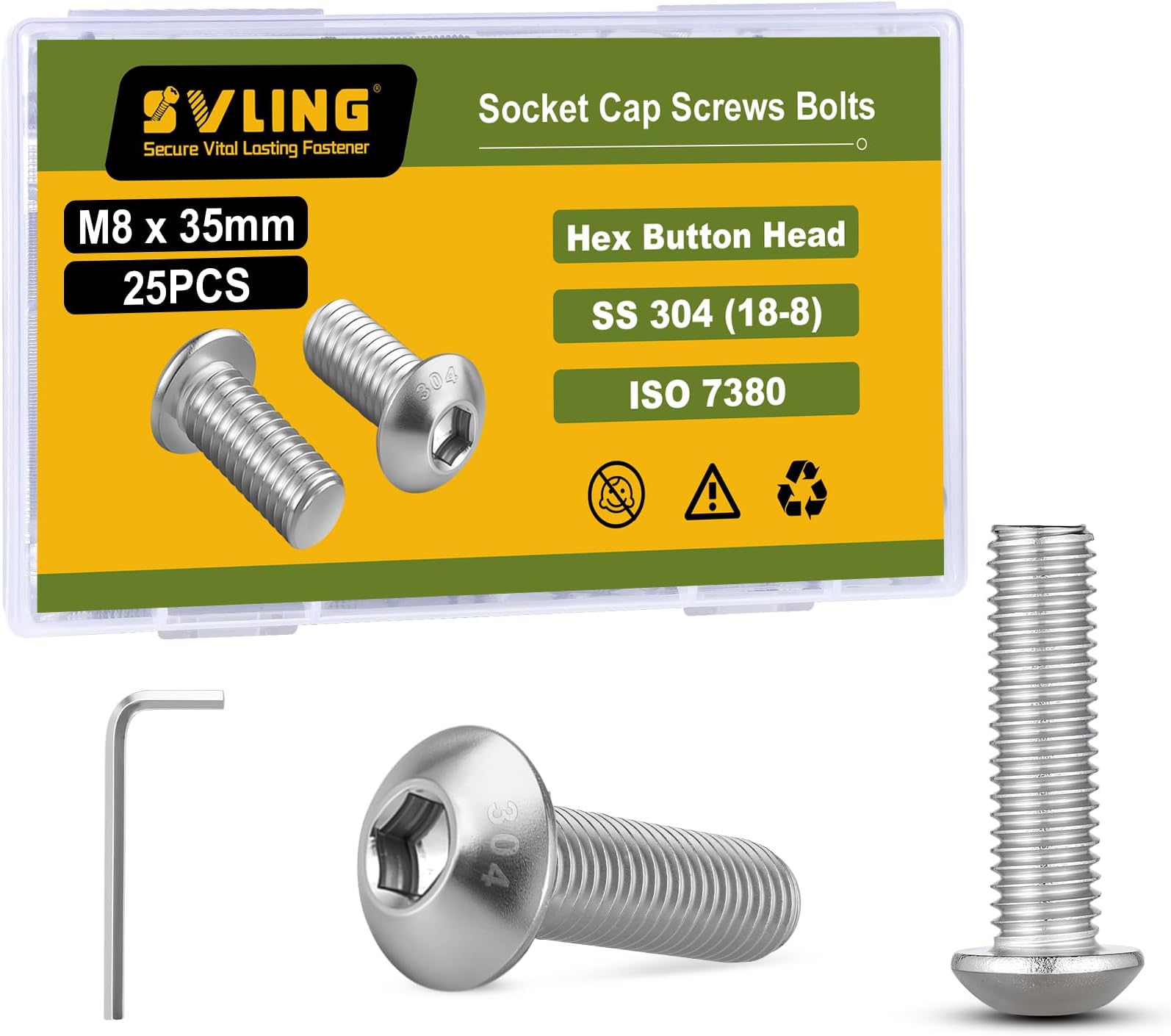 M8 x 35mm 25PCS Button Head Hex Socket Cap Screws Bolts, 304 Stainless Steel 18-8, Allen Hex Drive, Full Thread, Bright Finish, with Hex Spanner