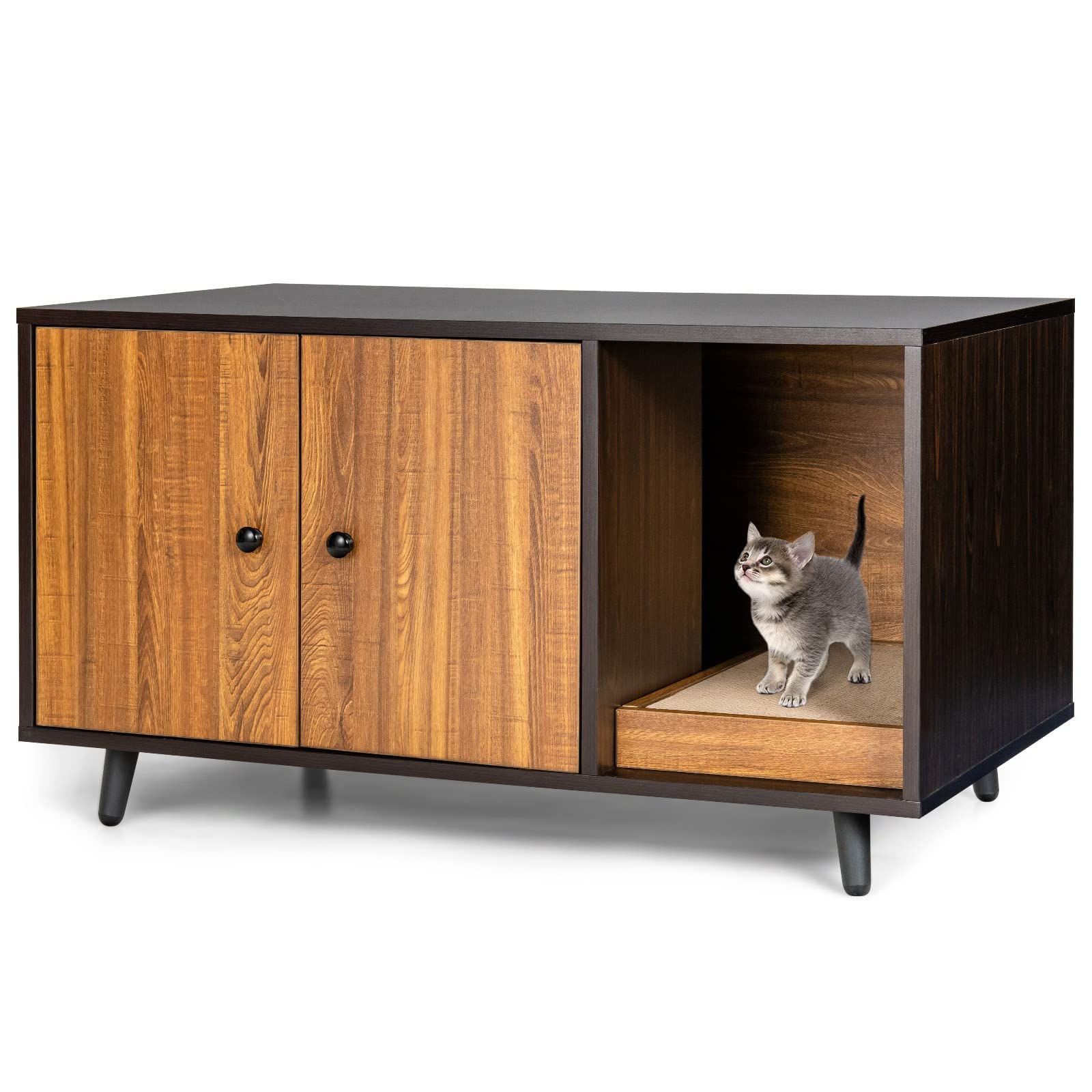 FANTASK Casetta laterale 2 in 1, tavolo e armadietto per gatti con 2 ante, tavolino da caffè e lettiera per gatti, in legno, con design impermeabile, buona circolazione dell'aria, 90 x 50 x 50 cm